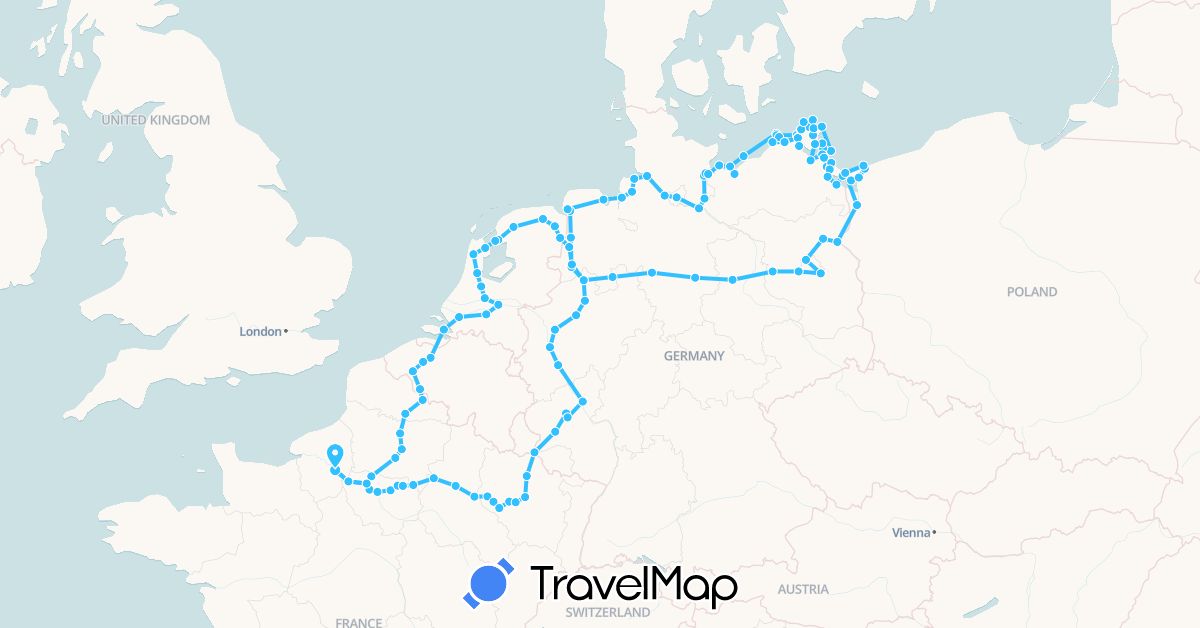 TravelMap itinerary: driving, boat in Belgium, Germany, France, Luxembourg, Netherlands, Poland (Europe)